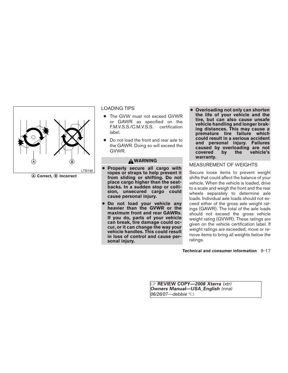 Loading tips -17 measurement of weights -17 | NISSAN 2008 Xterra User Manual | Page 295 / 320