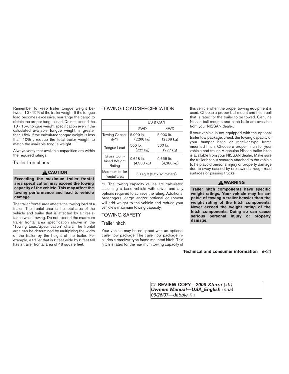 Towing load/specification -21 towing safety -21 | NISSAN 2008 Xterra User Manual | Page 299 / 320