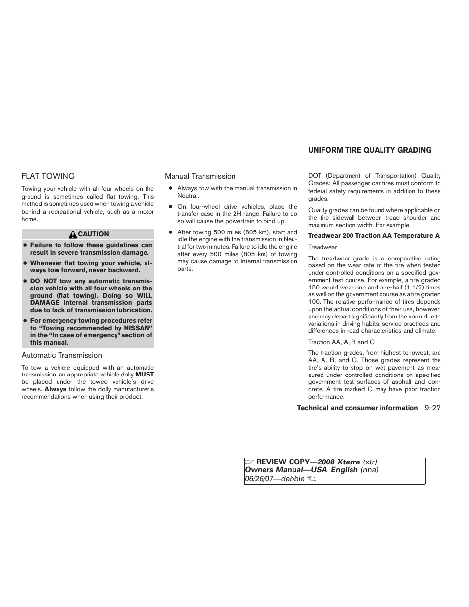Flat towing -27, Uniform tire quality grading -27 | NISSAN 2008 Xterra User Manual | Page 305 / 320