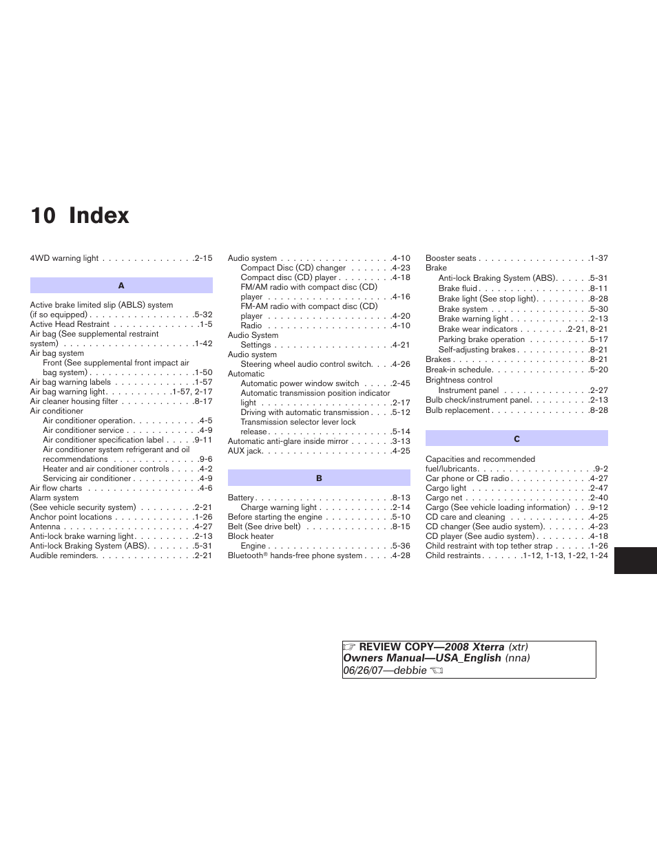 Index, 10 index | NISSAN 2008 Xterra User Manual | Page 311 / 320