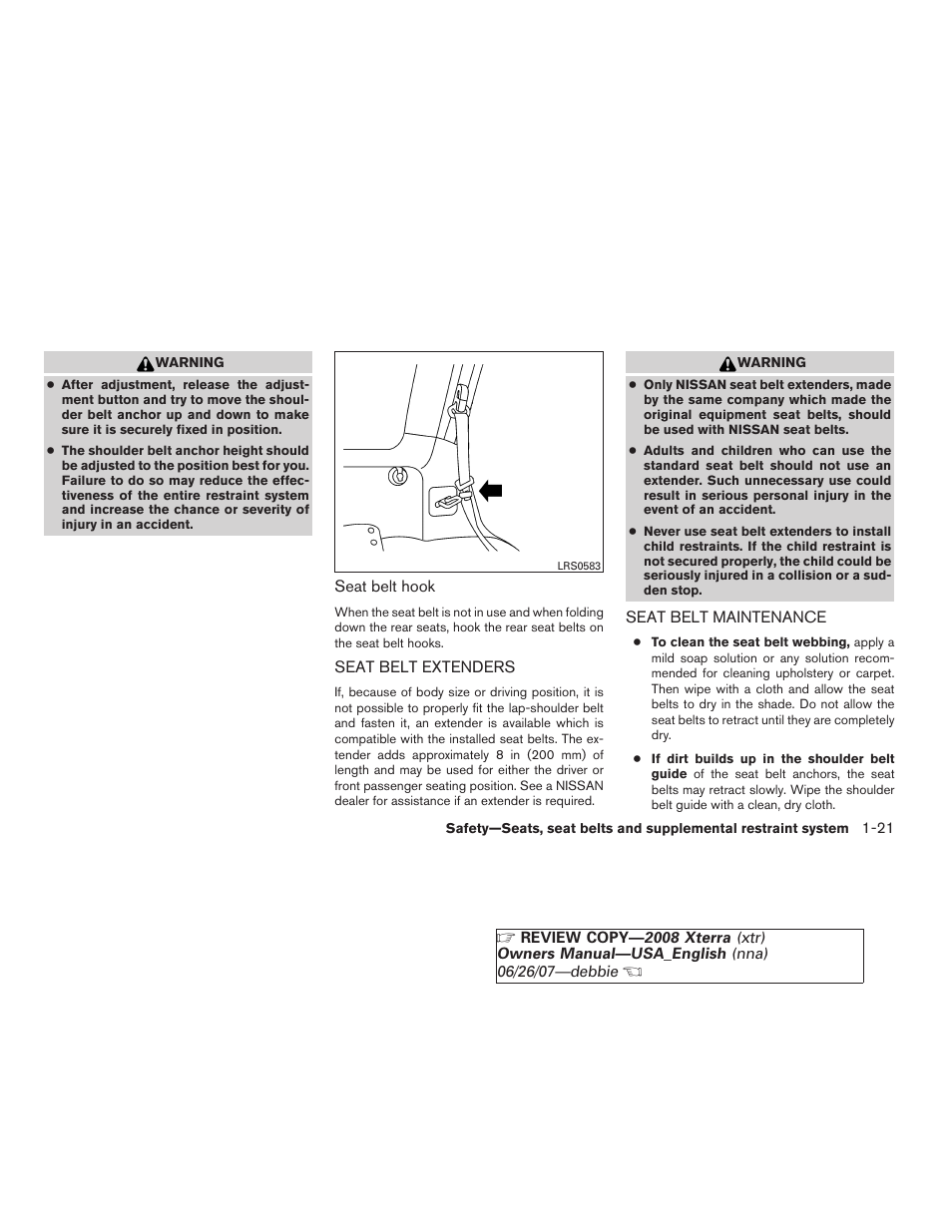 Seat belt extenders -21 seat belt maintenance -21 | NISSAN 2008 Xterra User Manual | Page 37 / 320