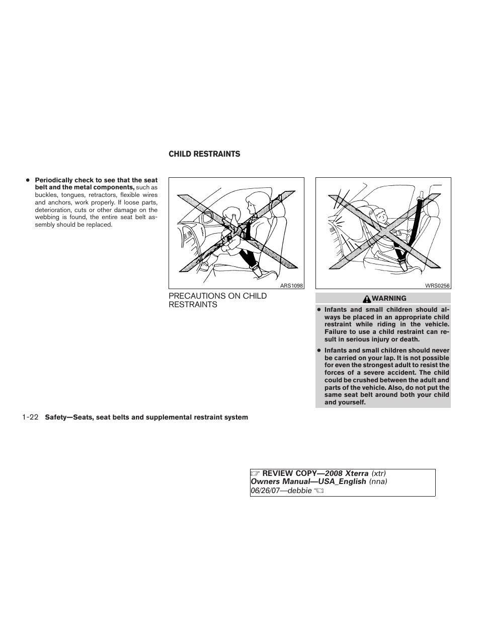 Child restraints -22, Precautions on child restraints -22 | NISSAN 2008 Xterra User Manual | Page 38 / 320