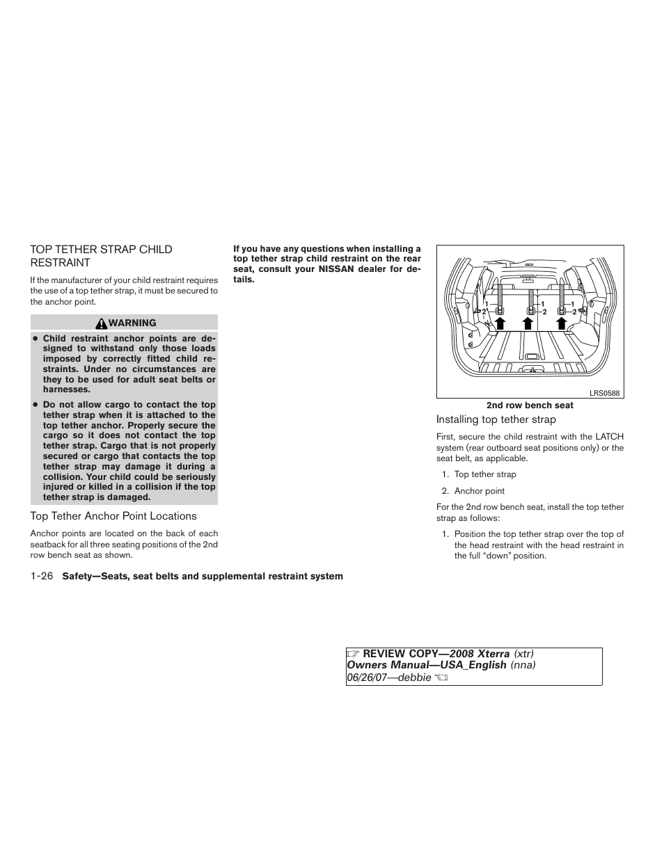 Top tether strap child restraint -26 | NISSAN 2008 Xterra User Manual | Page 42 / 320