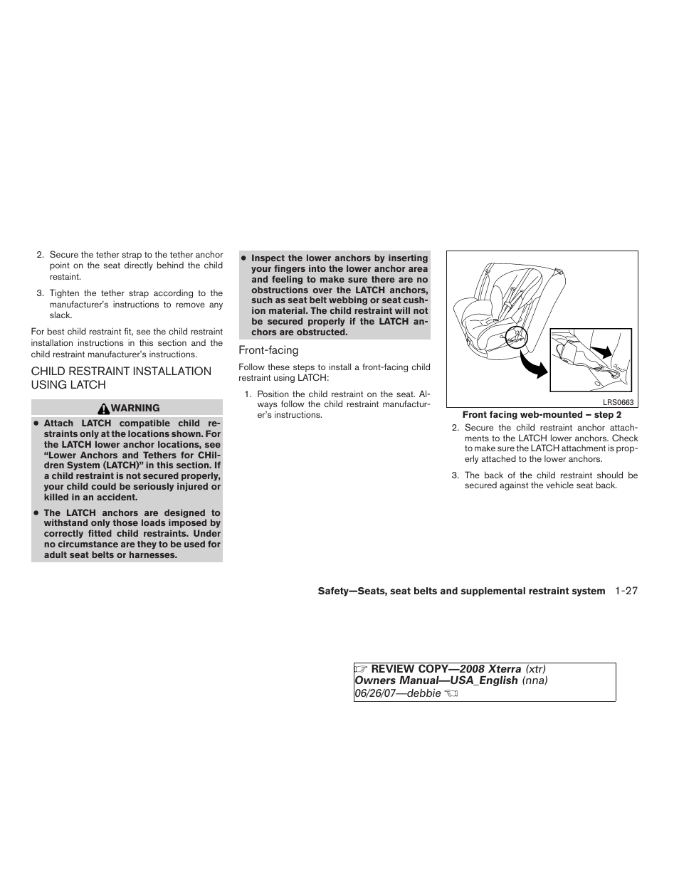 Child restraint installation using latch -27 | NISSAN 2008 Xterra User Manual | Page 43 / 320