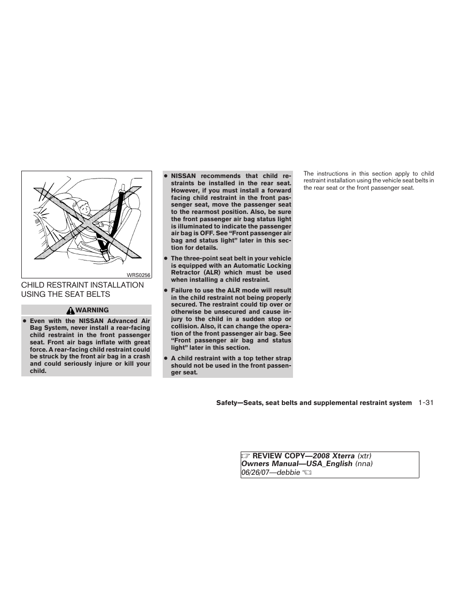 Child restraint installation using the seat, Belts -31 | NISSAN 2008 Xterra User Manual | Page 47 / 320