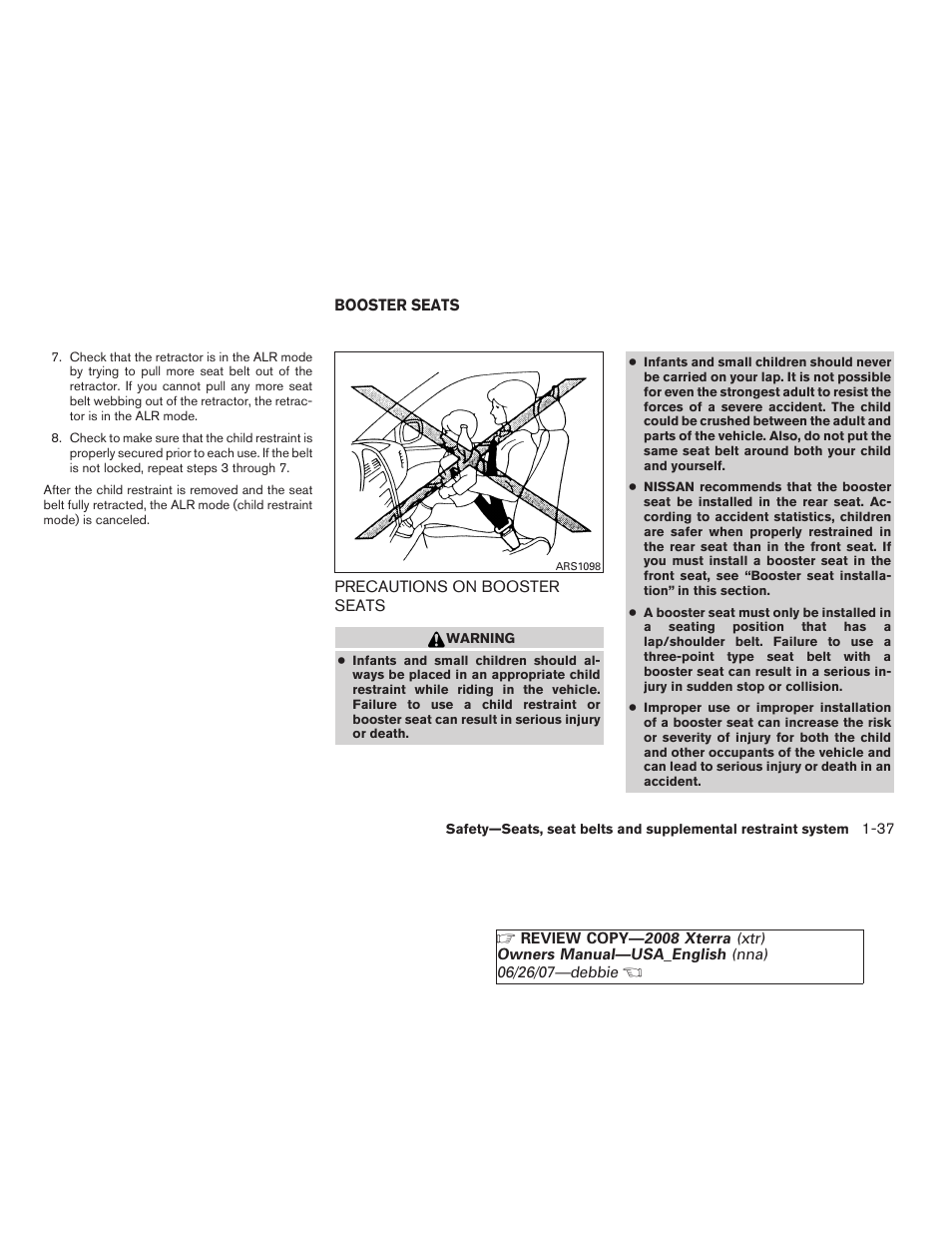 Booster seats -37, Precautions on booster seats -37 | NISSAN 2008 Xterra User Manual | Page 53 / 320