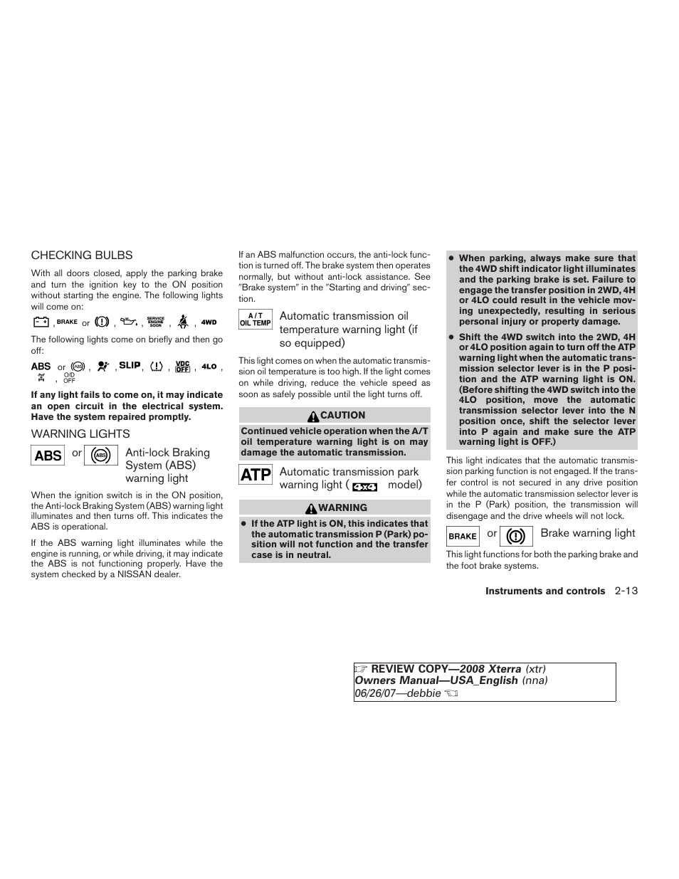 Checking bulbs -13 warning lights -13 | NISSAN 2008 Xterra User Manual | Page 89 / 320