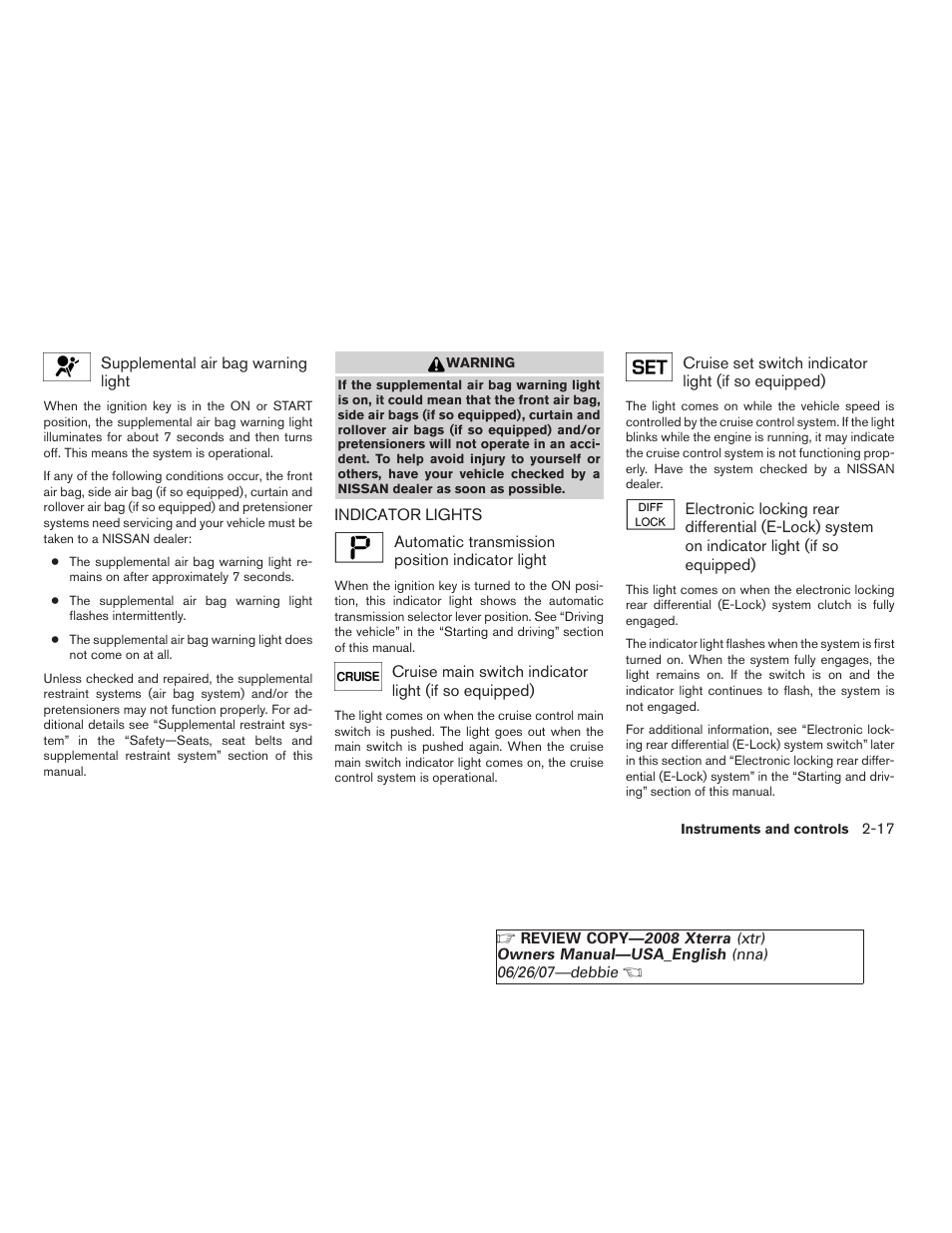 Indicator lights -17 | NISSAN 2008 Xterra User Manual | Page 93 / 320