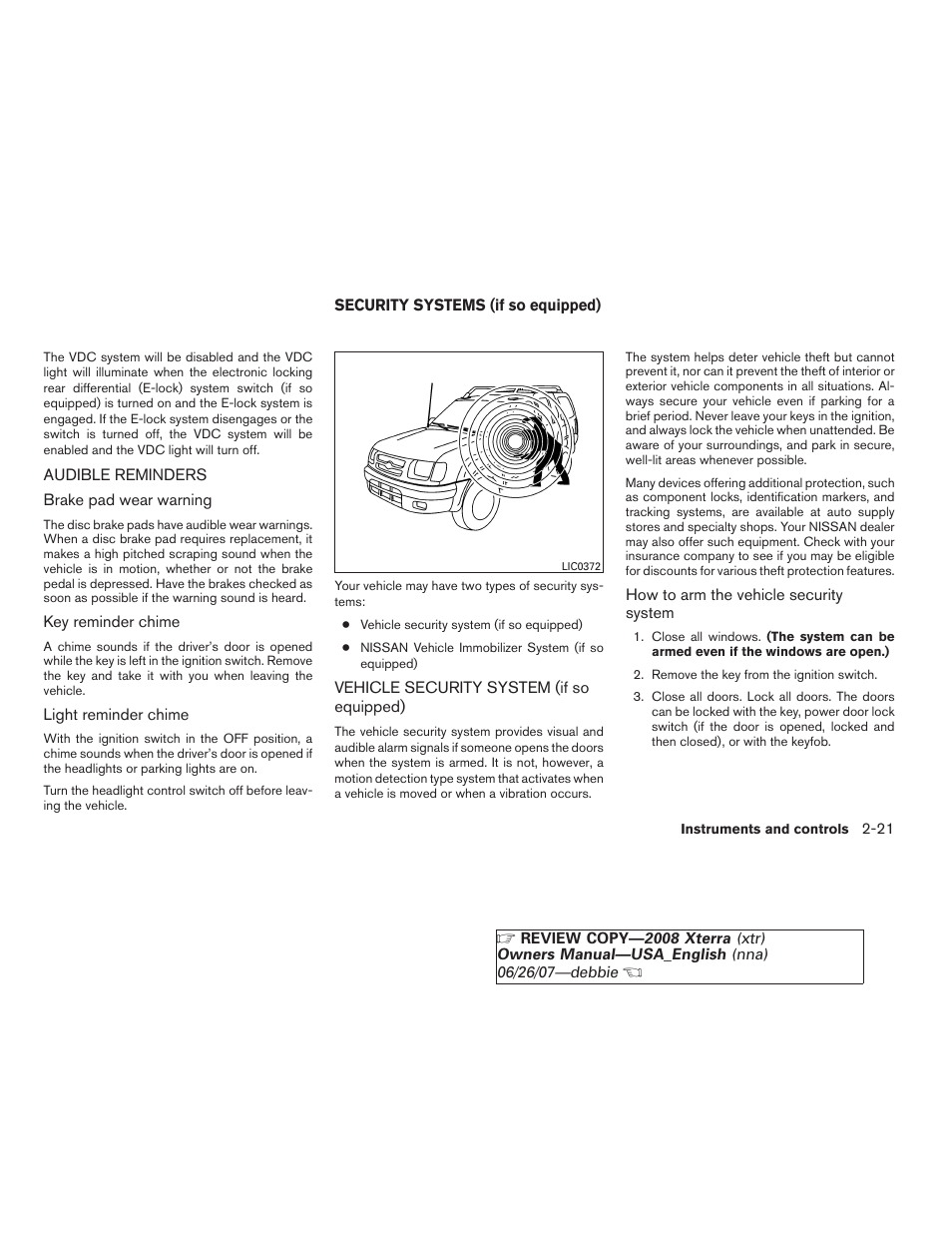 Audible reminders -21, Security systems (if so equipped) -21, Vehicle security system (if so equipped) -21 | NISSAN 2008 Xterra User Manual | Page 97 / 320