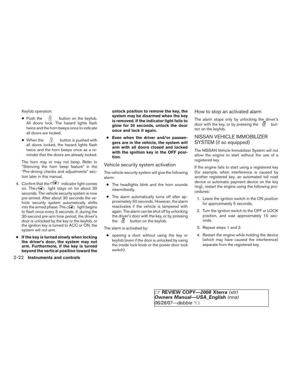 Nissan vehicle immobilizer system, If so equipped) -22 | NISSAN 2008 Xterra User Manual | Page 98 / 320