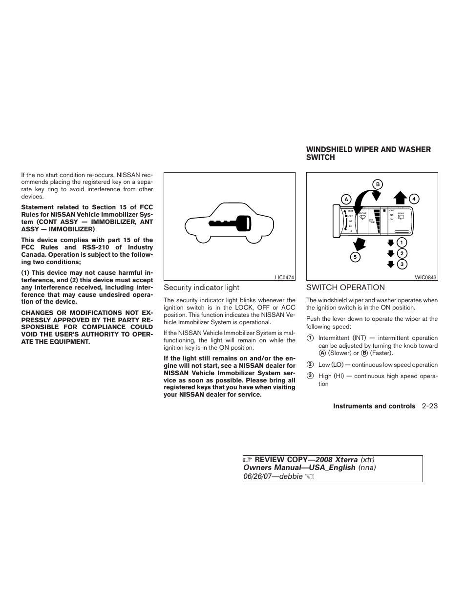 Windshield wiper and washer switch -23, Switch operation -23 | NISSAN 2008 Xterra User Manual | Page 99 / 320