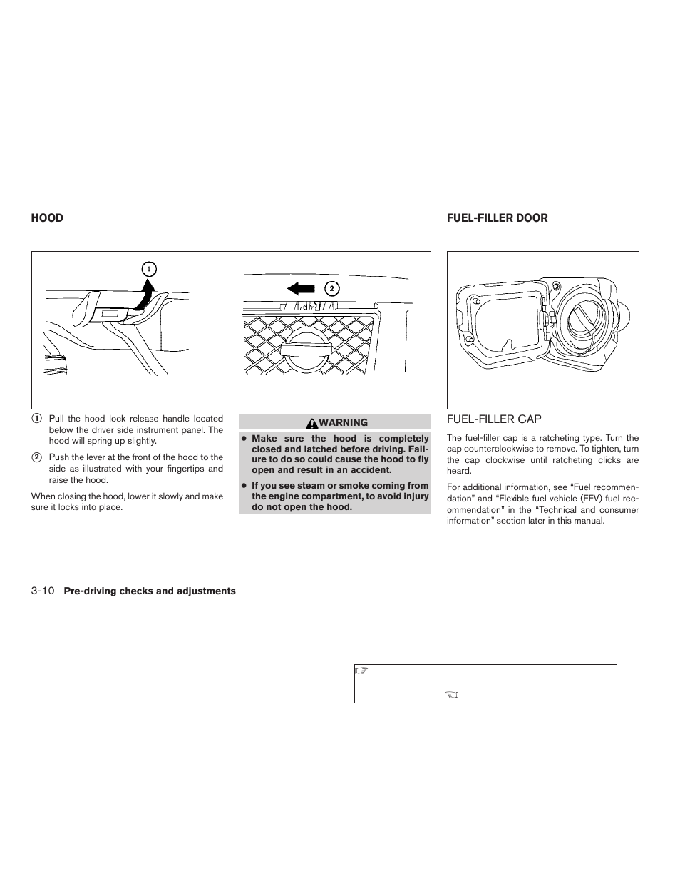 Hood -10 fuel-filler door -10, Fuel-filler cap -10 | NISSAN 2008 Titan User Manual | Page 150 / 408