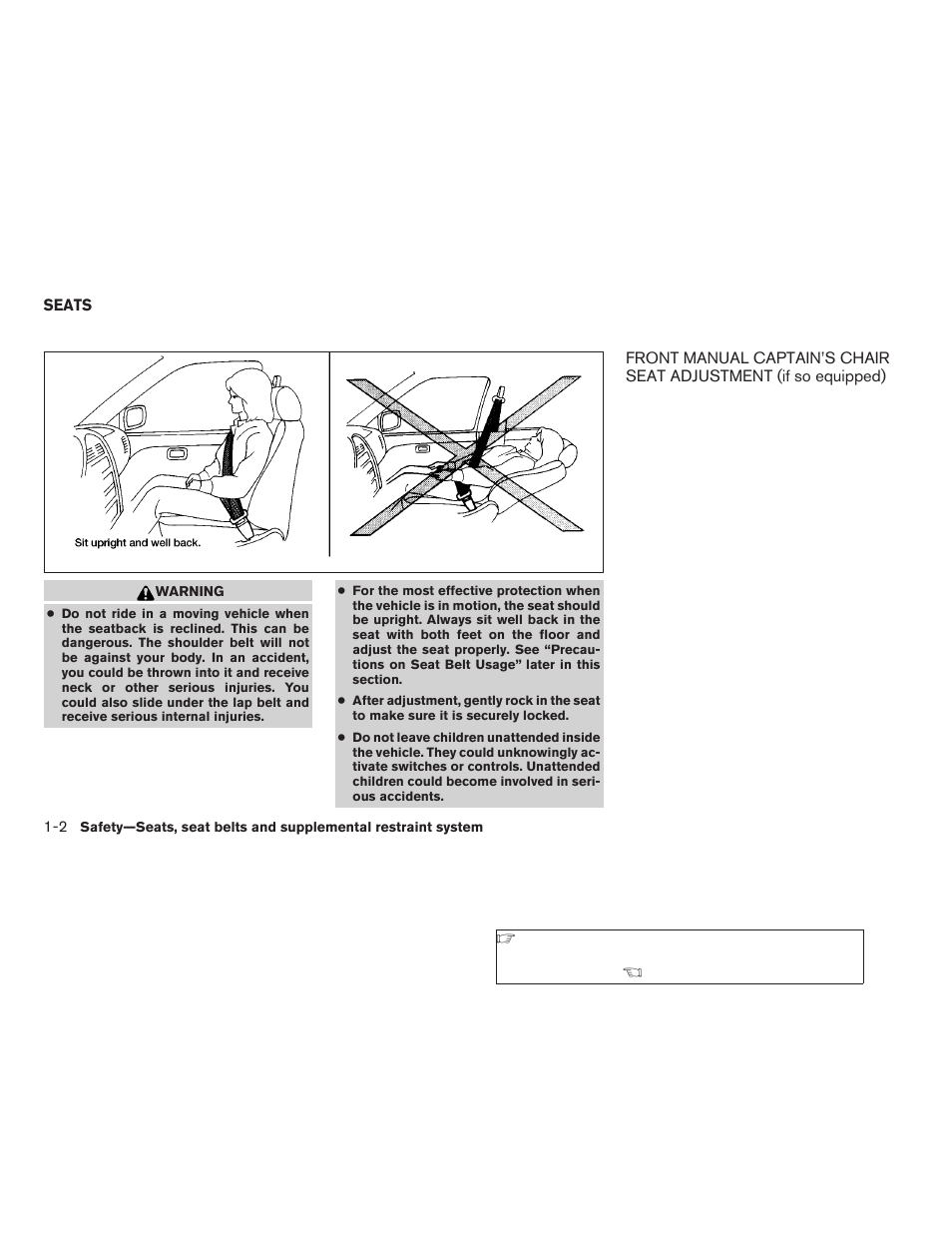 Seats -2, Front manual captain’s chair seat adjustment, If so equipped) -2 | NISSAN 2008 Titan User Manual | Page 18 / 408