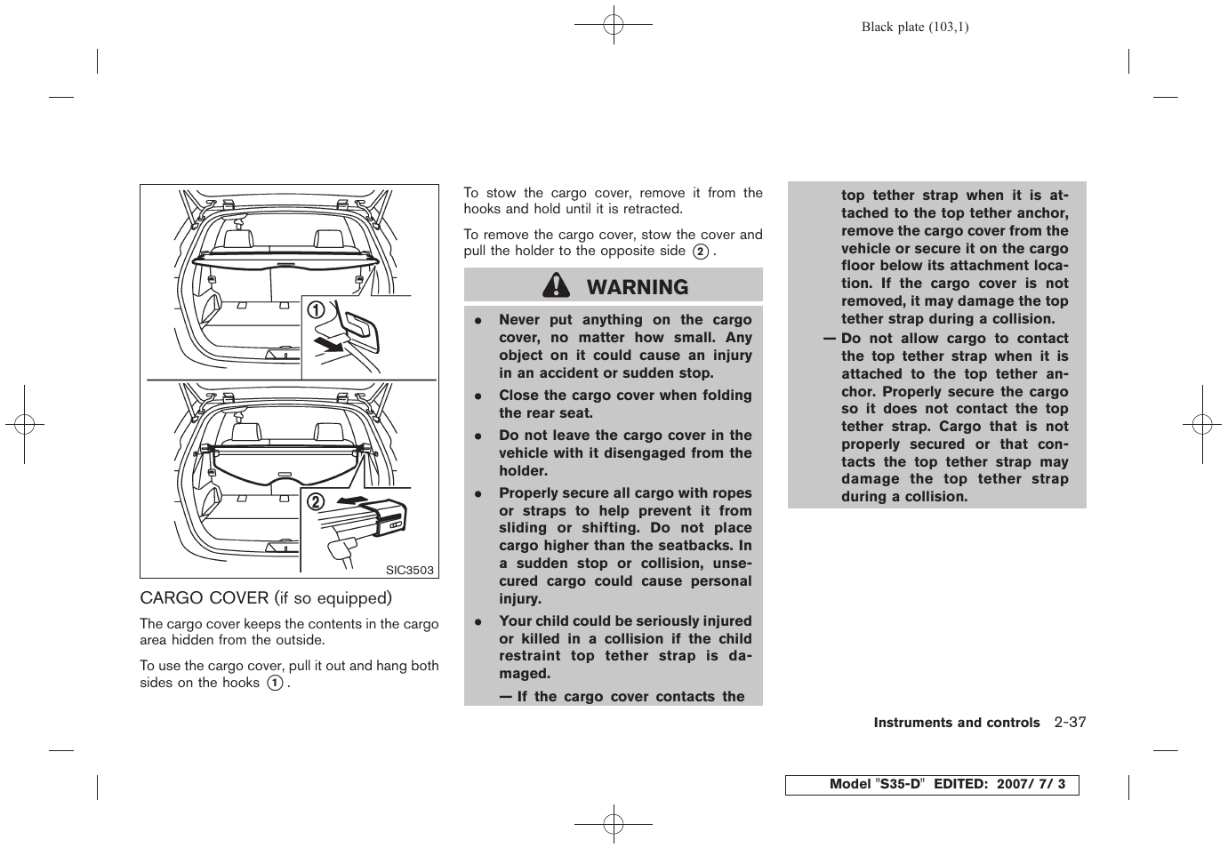 Cargo cover (if so equipped) -37, Warning | NISSAN 2008 Rogue User Manual | Page 103 / 309