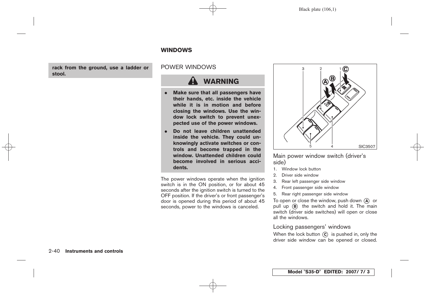 Windows -40, Power windows -40, Warning | NISSAN 2008 Rogue User Manual | Page 106 / 309
