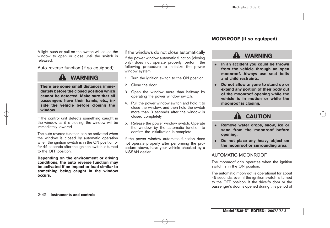 Moonroof (if so equipped) -42, Automatic moonroof -42, Warning | Caution | NISSAN 2008 Rogue User Manual | Page 108 / 309