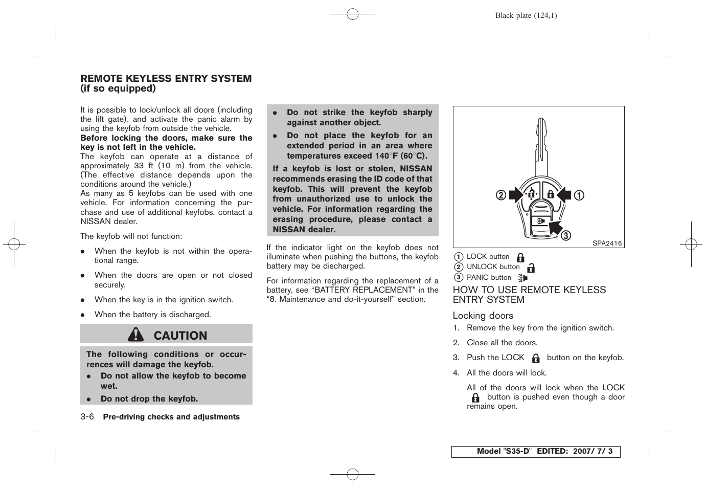 Remote keyless entry system (if so equipped) -6, How to use remote keyless entry system -6, Caution | NISSAN 2008 Rogue User Manual | Page 122 / 309