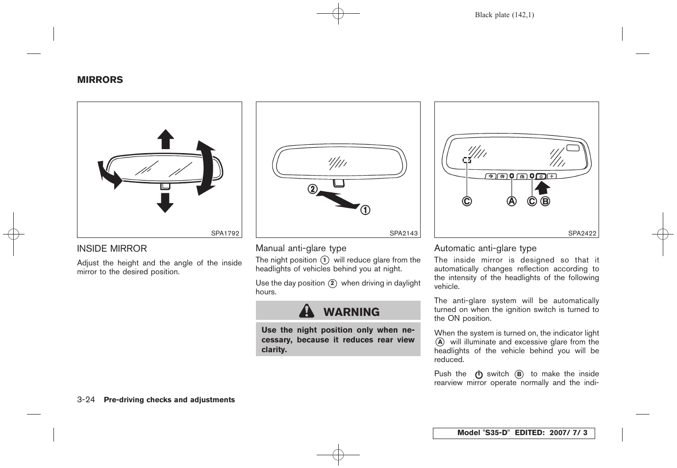 Mirrors -24, Inside mirror -24, Warning | NISSAN 2008 Rogue User Manual | Page 140 / 309