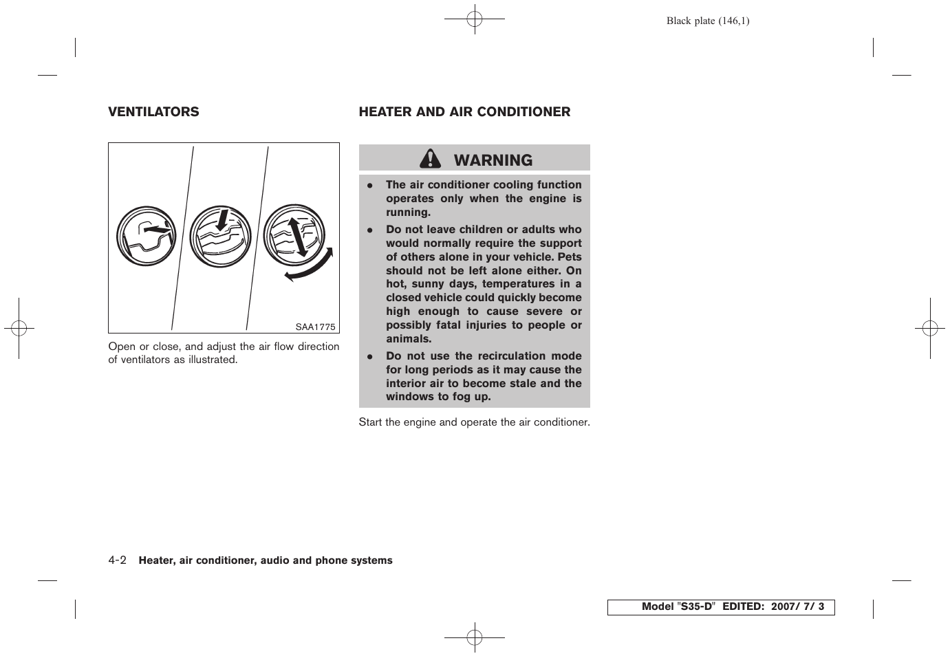 Switch, Ventilators -2 heater and air conditioner -2, Warning | NISSAN 2008 Rogue User Manual | Page 144 / 309