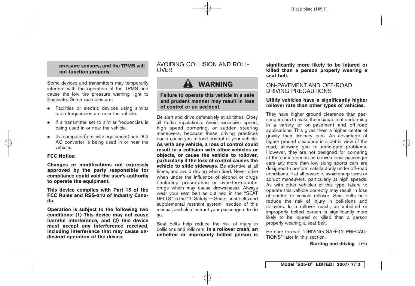 Warning | NISSAN 2008 Rogue User Manual | Page 185 / 309