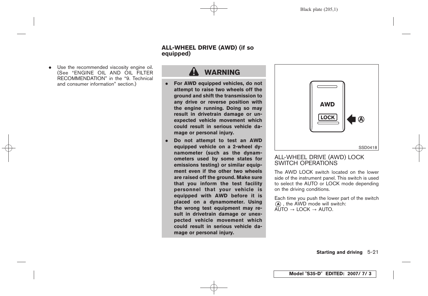 All-wheel drive (awd) (if so equipped) -21, All-wheel drive (awd) lock switch operations -21, Warning | NISSAN 2008 Rogue User Manual | Page 201 / 309