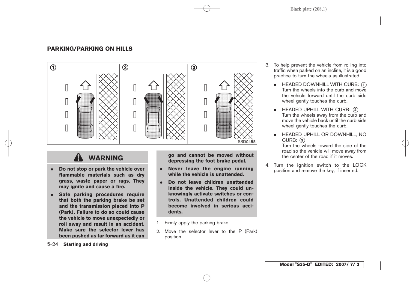 Parking/parking on hills -24, Warning | NISSAN 2008 Rogue User Manual | Page 204 / 309