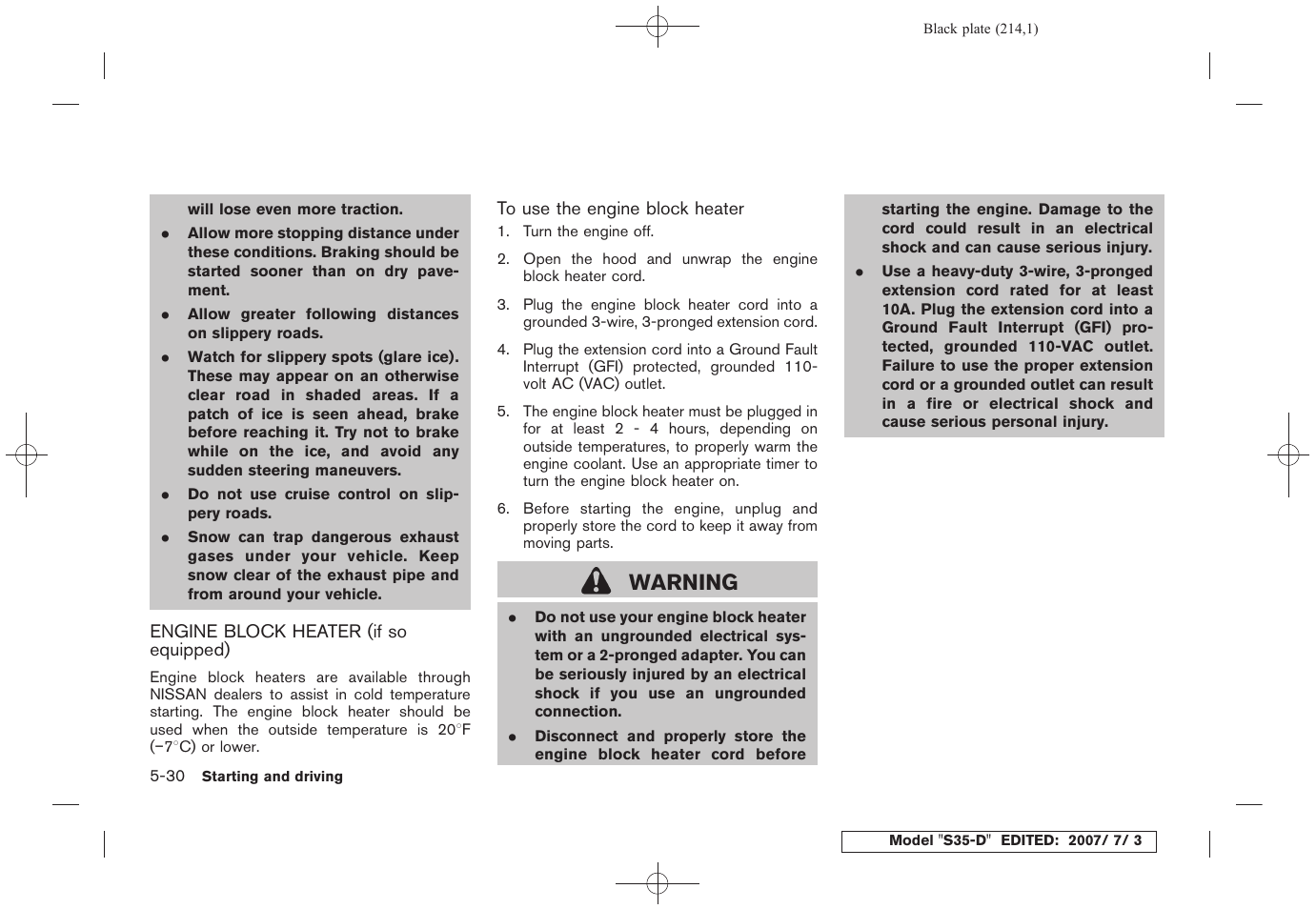 Engine block heater (if so equipped) -30, Warning | NISSAN 2008 Rogue User Manual | Page 210 / 309