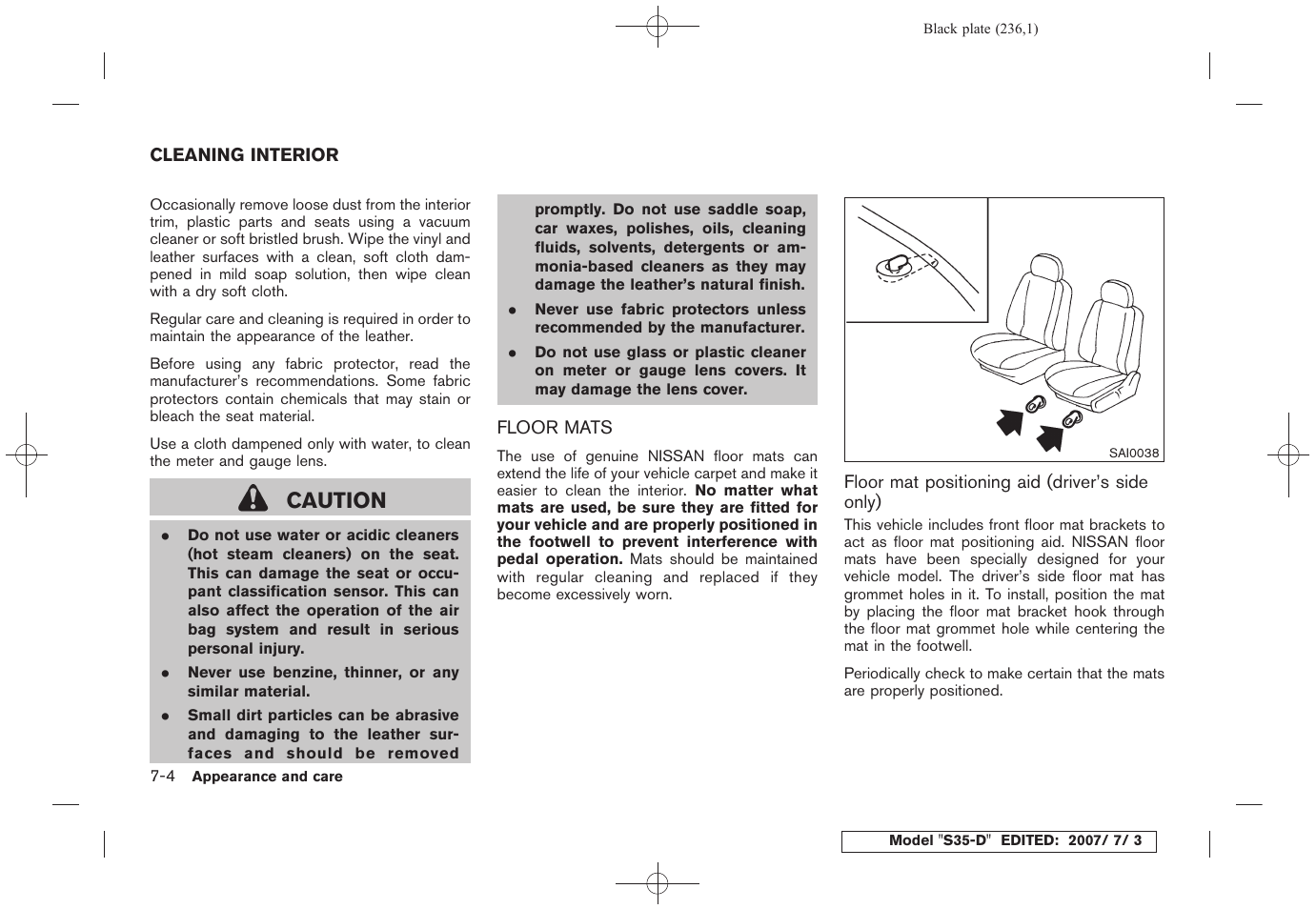 Cleaning interior -4, Floor mats -4, Caution | NISSAN 2008 Rogue User Manual | Page 229 / 309
