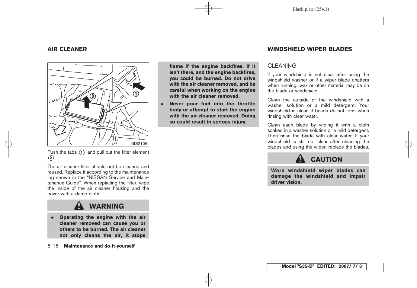 Air cleaner -16 windshield wiper blades -16, Cleaning -16, Warning | Caution | NISSAN 2008 Rogue User Manual | Page 247 / 309