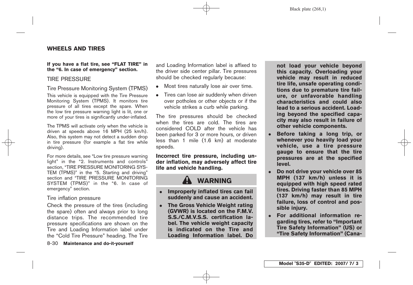 Wheels and tires -30, Tire pressure -30, Warning | NISSAN 2008 Rogue User Manual | Page 261 / 309