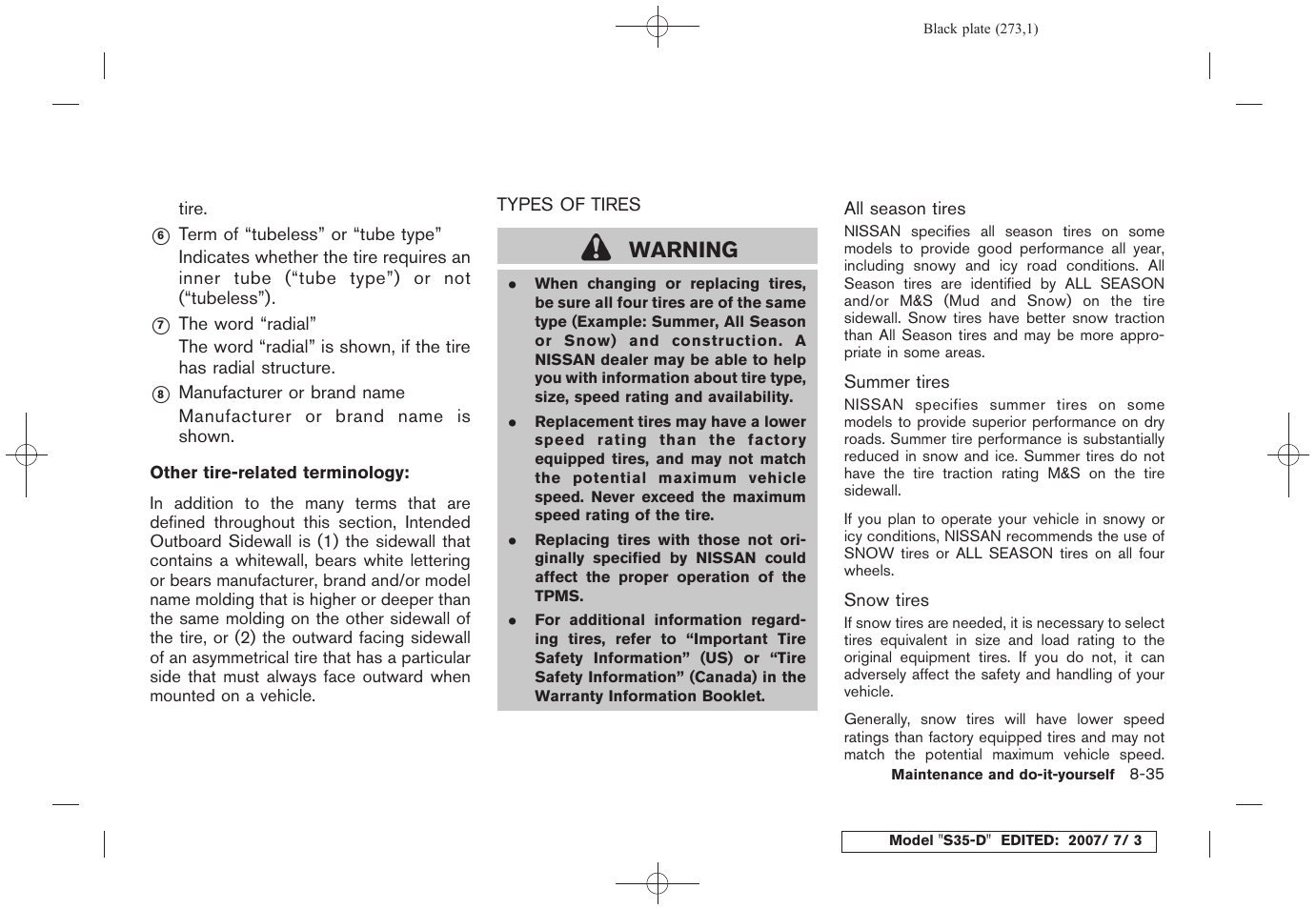 Types of tires -35, Warning | NISSAN 2008 Rogue User Manual | Page 266 / 309