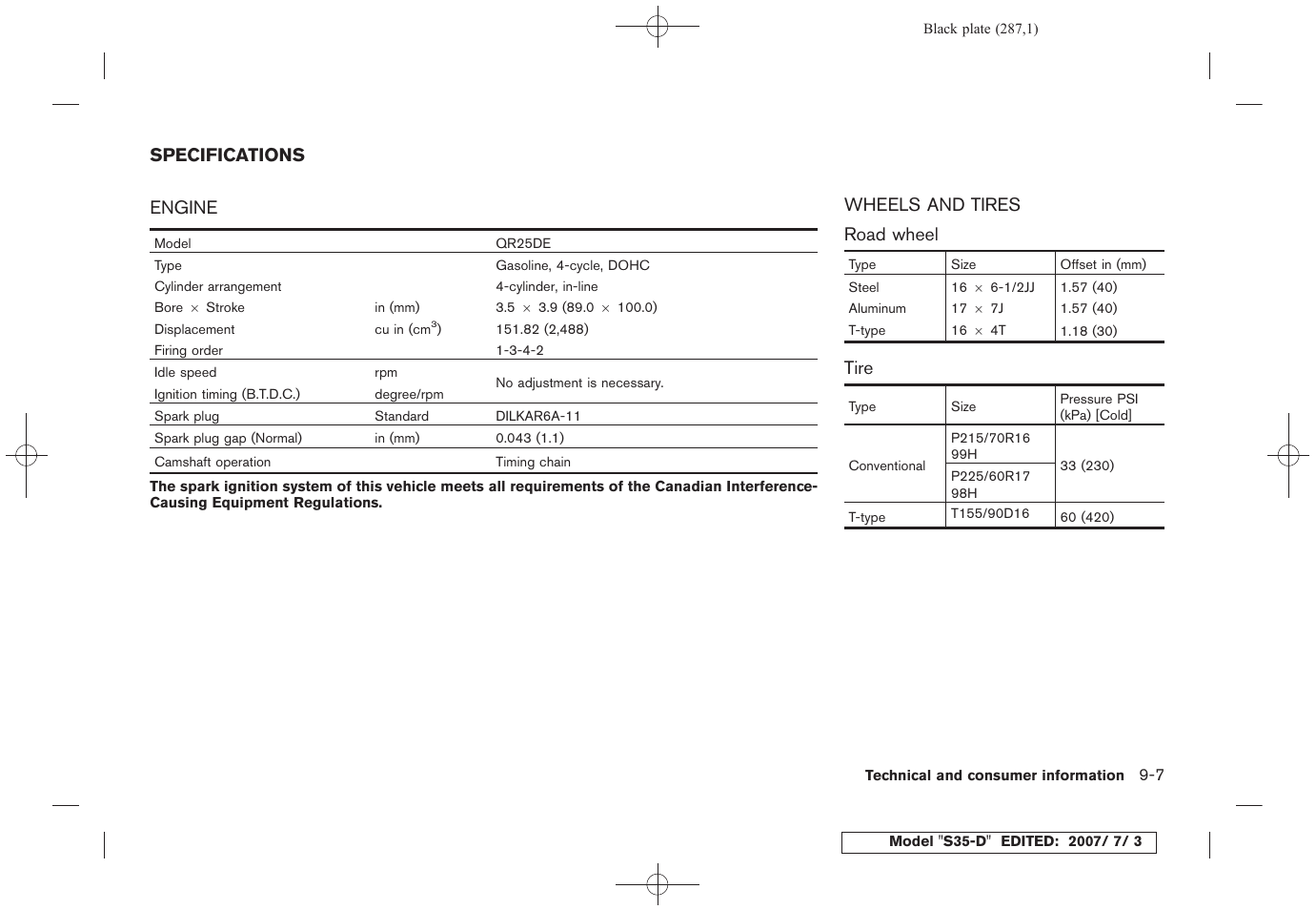 Specifications -7, Engine -7 wheels and tires -7 | NISSAN 2008 Rogue User Manual | Page 278 / 309