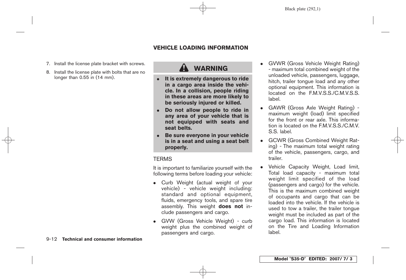 Vehicle loading information -12, Terms -12, Warning | NISSAN 2008 Rogue User Manual | Page 283 / 309