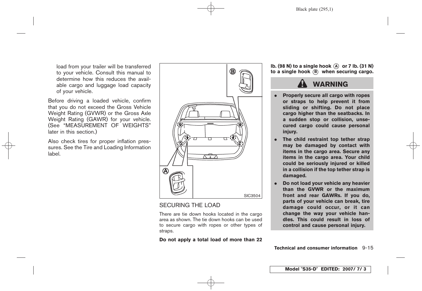 Securing the load -15, Warning | NISSAN 2008 Rogue User Manual | Page 286 / 309