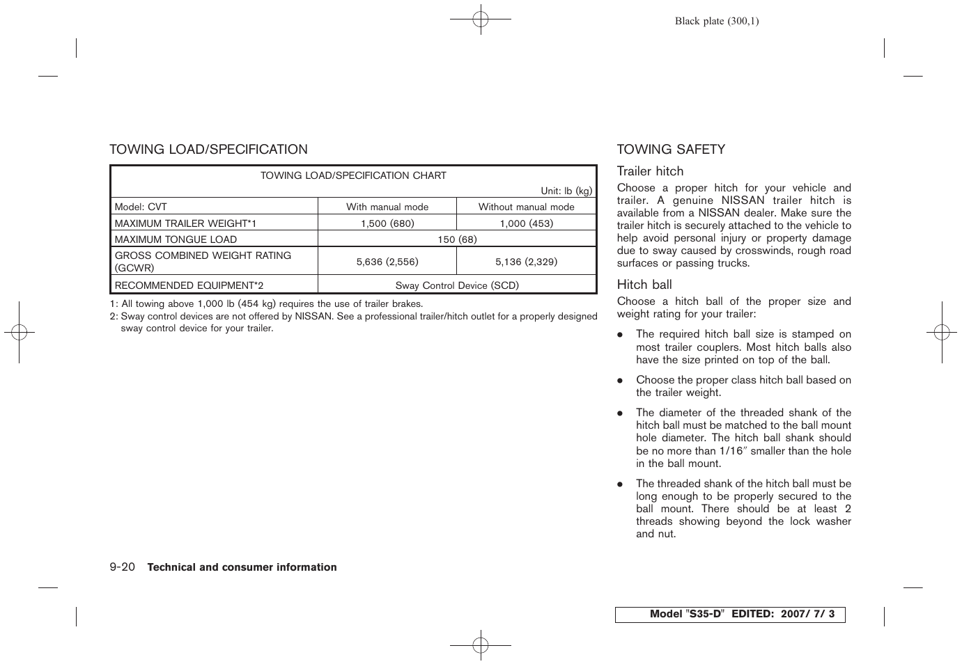 Towing load/specification -20 towing safety -20 | NISSAN 2008 Rogue User Manual | Page 291 / 309