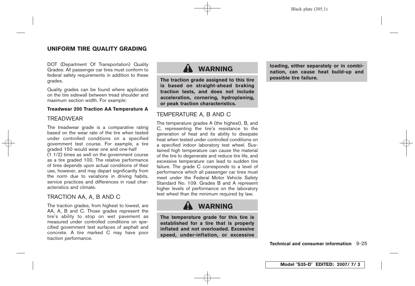 Uniform tire quality grading -25, Warning | NISSAN 2008 Rogue User Manual | Page 296 / 309