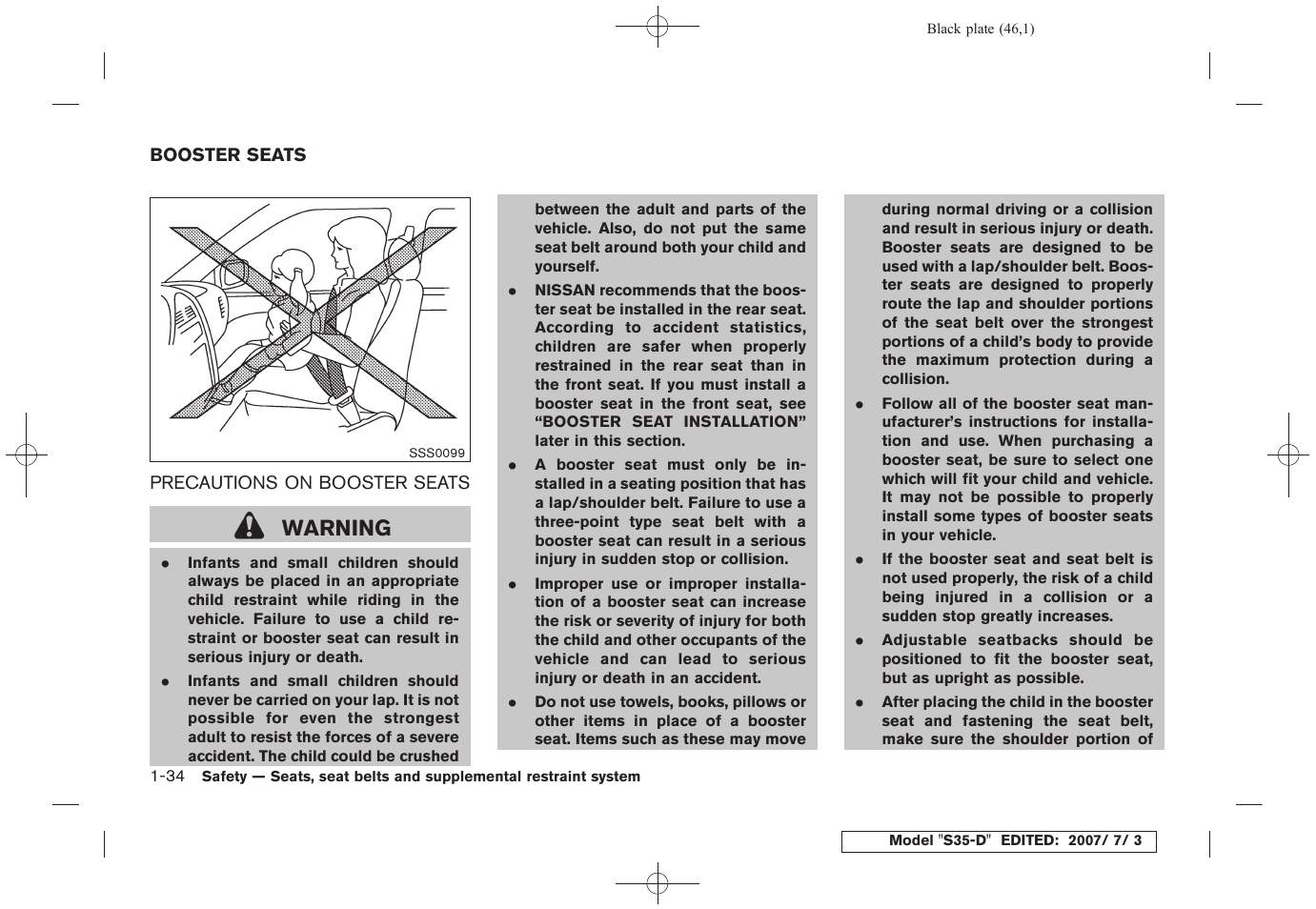 Booster seats -34, Precautions on booster seats -34, Warning | NISSAN 2008 Rogue User Manual | Page 47 / 309