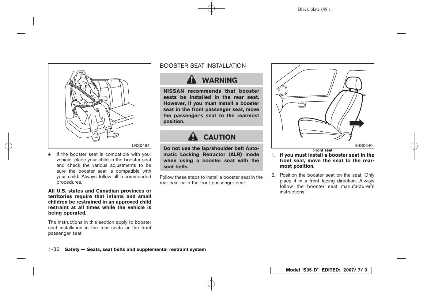Booster seat installation -36, Warning, Caution | NISSAN 2008 Rogue User Manual | Page 49 / 309