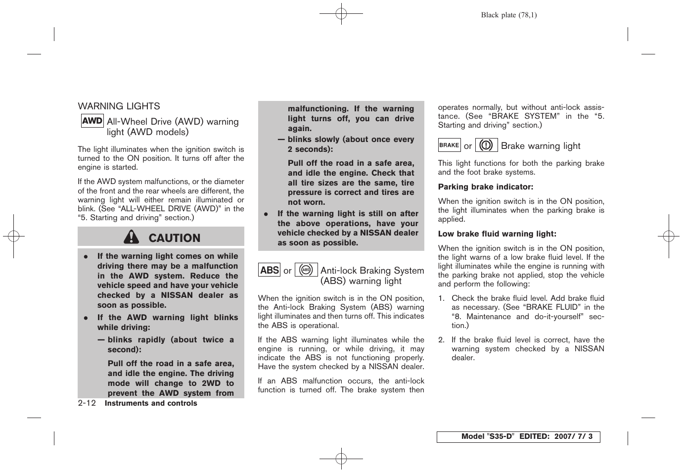 Warning lights -12, Caution | NISSAN 2008 Rogue User Manual | Page 78 / 309