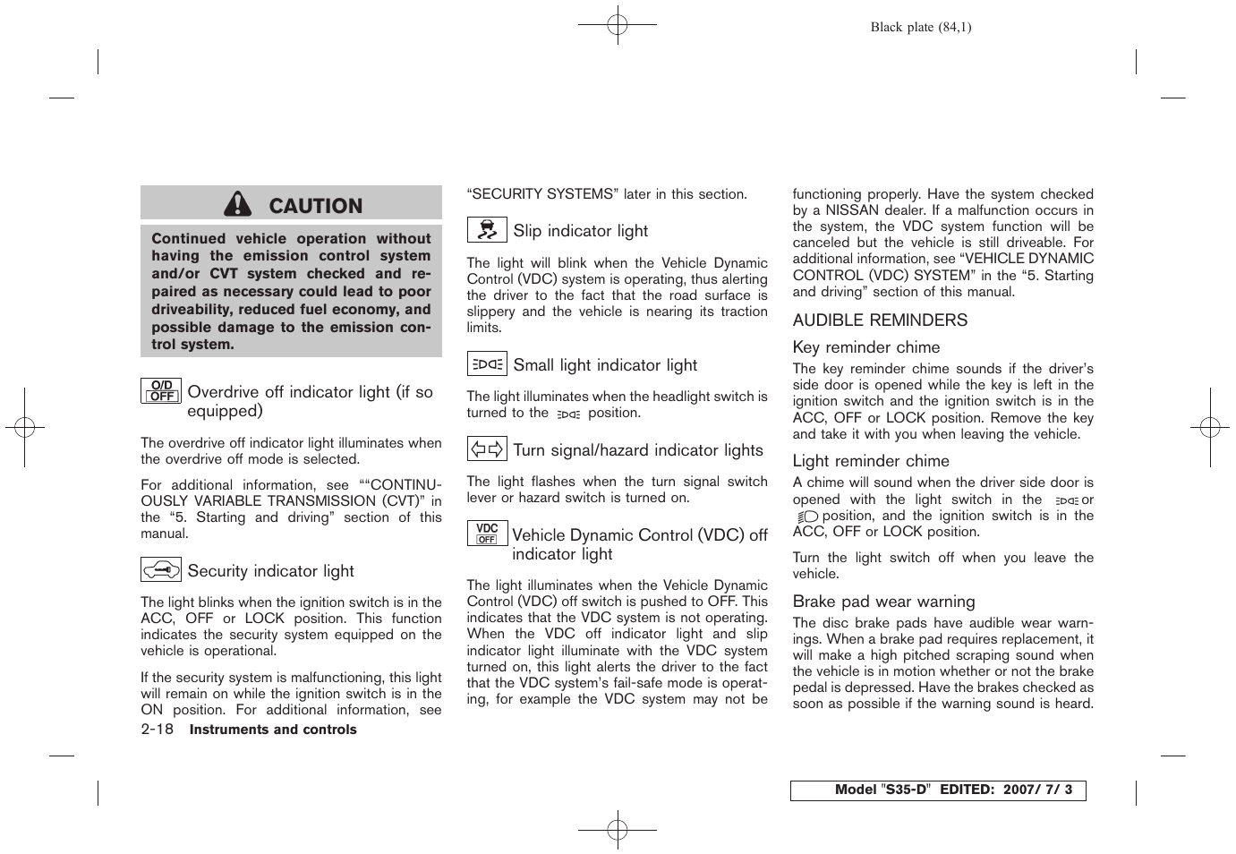 Audible reminders -18, Caution | NISSAN 2008 Rogue User Manual | Page 84 / 309