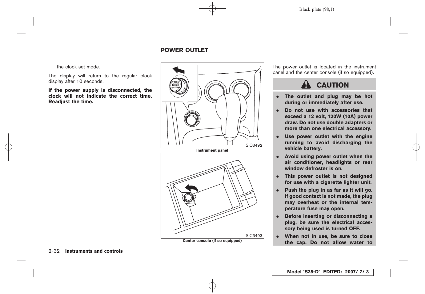 Switch, Power outlet -32, Caution | NISSAN 2008 Rogue User Manual | Page 98 / 309