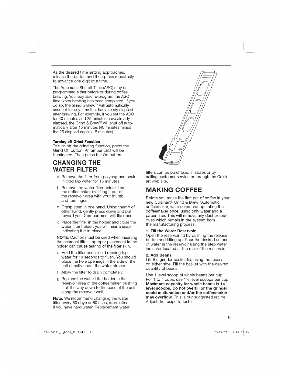 Changing the water filter, Making coffee, Fill the water reservoir | Add beans | Cuisinart DGB-550 Series User Manual | Page 10 / 15