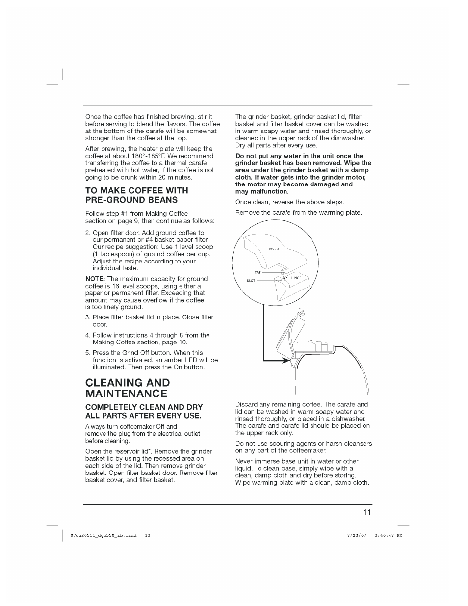 Cleaning and maintenance | Cuisinart DGB-550 Series User Manual | Page 12 / 15