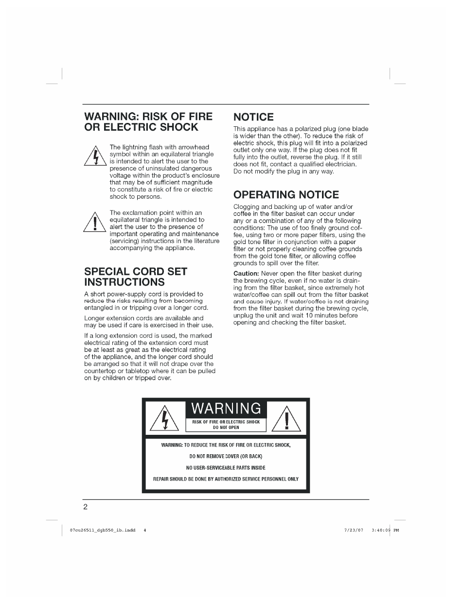 Warning: risk of fire or electric shock, Special cord set instructions, Notice | Operating notice, Warning | Cuisinart DGB-550 Series User Manual | Page 3 / 15