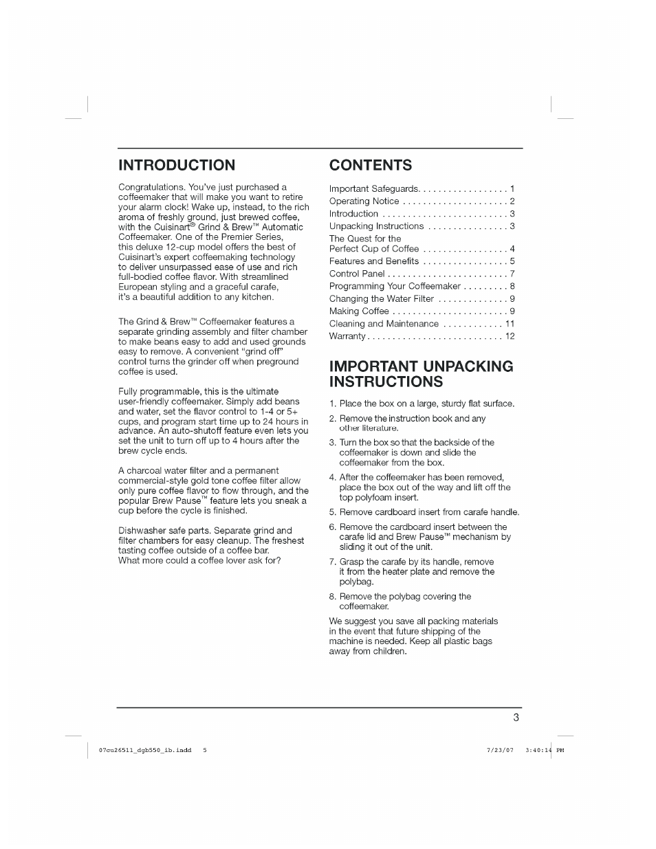 Important unpacking instructions, Introduction contents | Cuisinart DGB-550 Series User Manual | Page 4 / 15