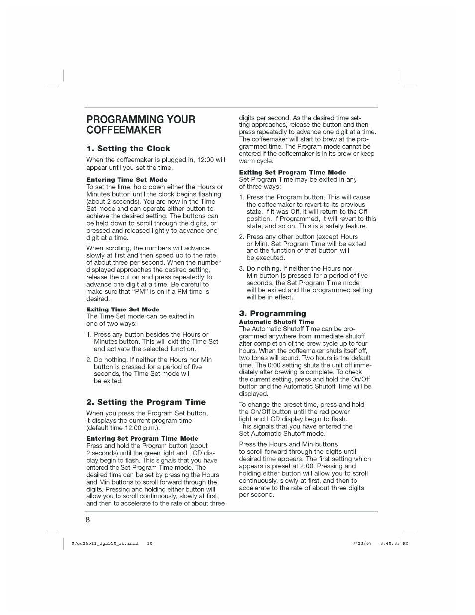 Programming your coffeemaker, Setting the clock, Setting the program time | Programming | Cuisinart DGB-550 Series User Manual | Page 9 / 15