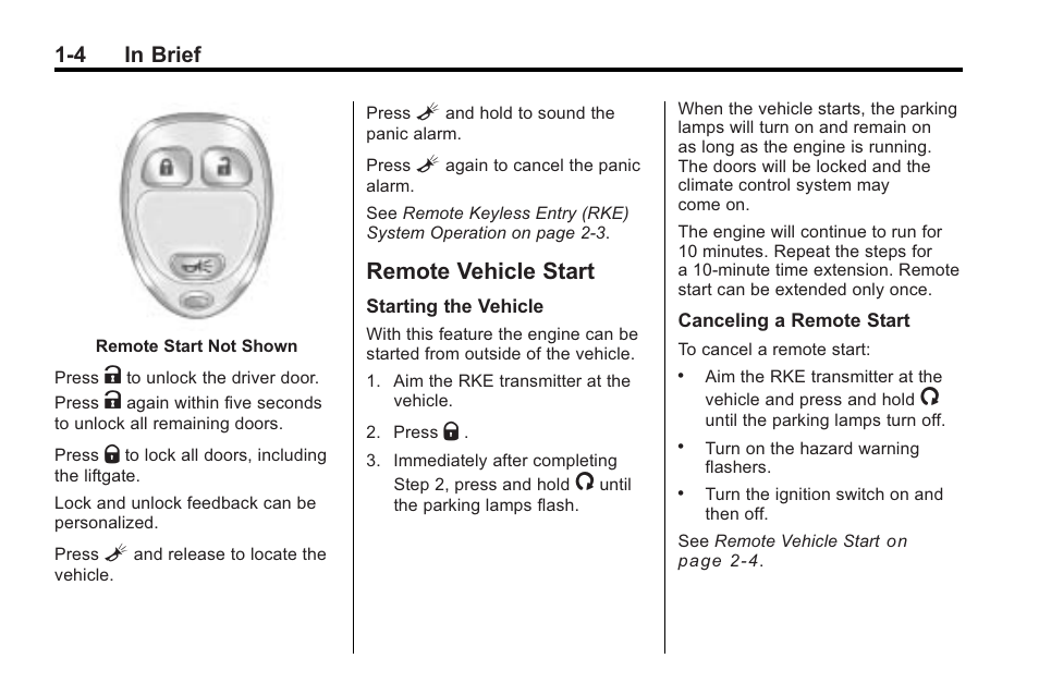 Remote vehicle start, Remote vehicle start -4, 4 in brief | Saturn 2010 VUE User Manual | Page 10 / 398