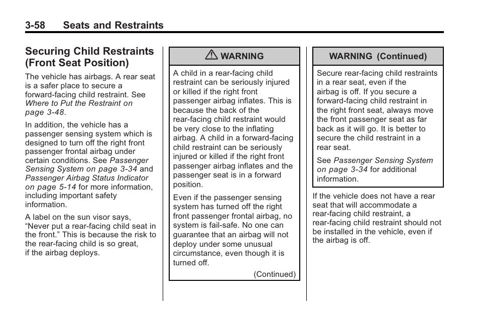 Securing child restraints (front seat position), Securing child restraints, Front seat position) -58 | Saturn 2010 VUE User Manual | Page 102 / 398