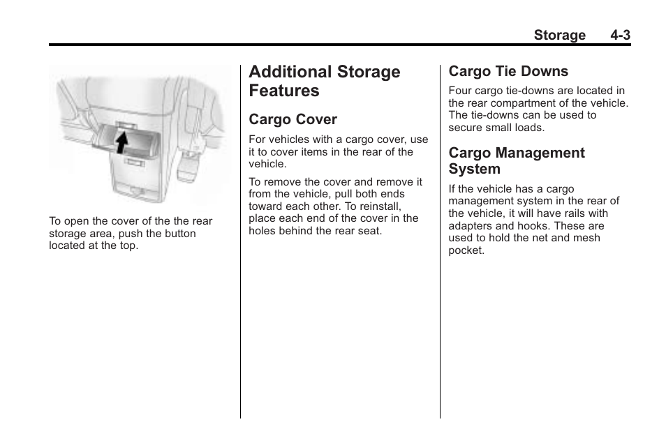 Additional storage features, Cargo cover, Cargo tie downs | Cargo management system, Vents, Cargo cover -3 cargo tie downs -3 cargo management, System -3 | Saturn 2010 VUE User Manual | Page 107 / 398