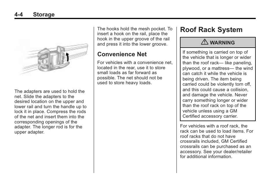 Convenience net, Roof rack system, Maintenance | Convenience net -4, Roof rack system -4 | Saturn 2010 VUE User Manual | Page 108 / 398